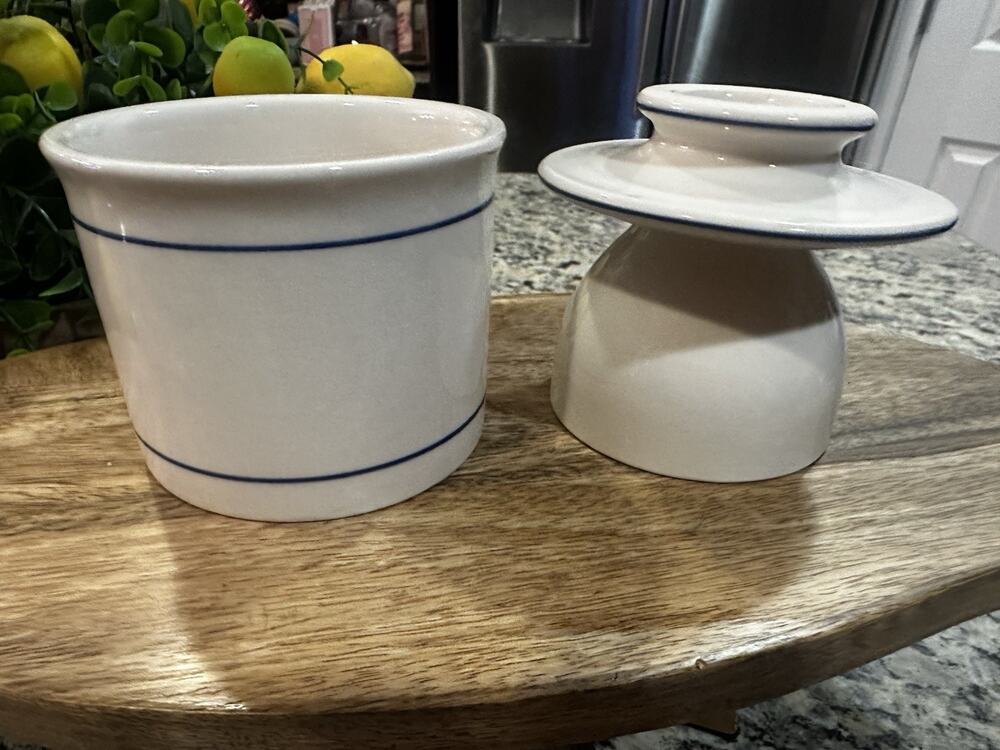 French Butter Keeper Dish Crock Ceramic Storage Glazed Blue White
